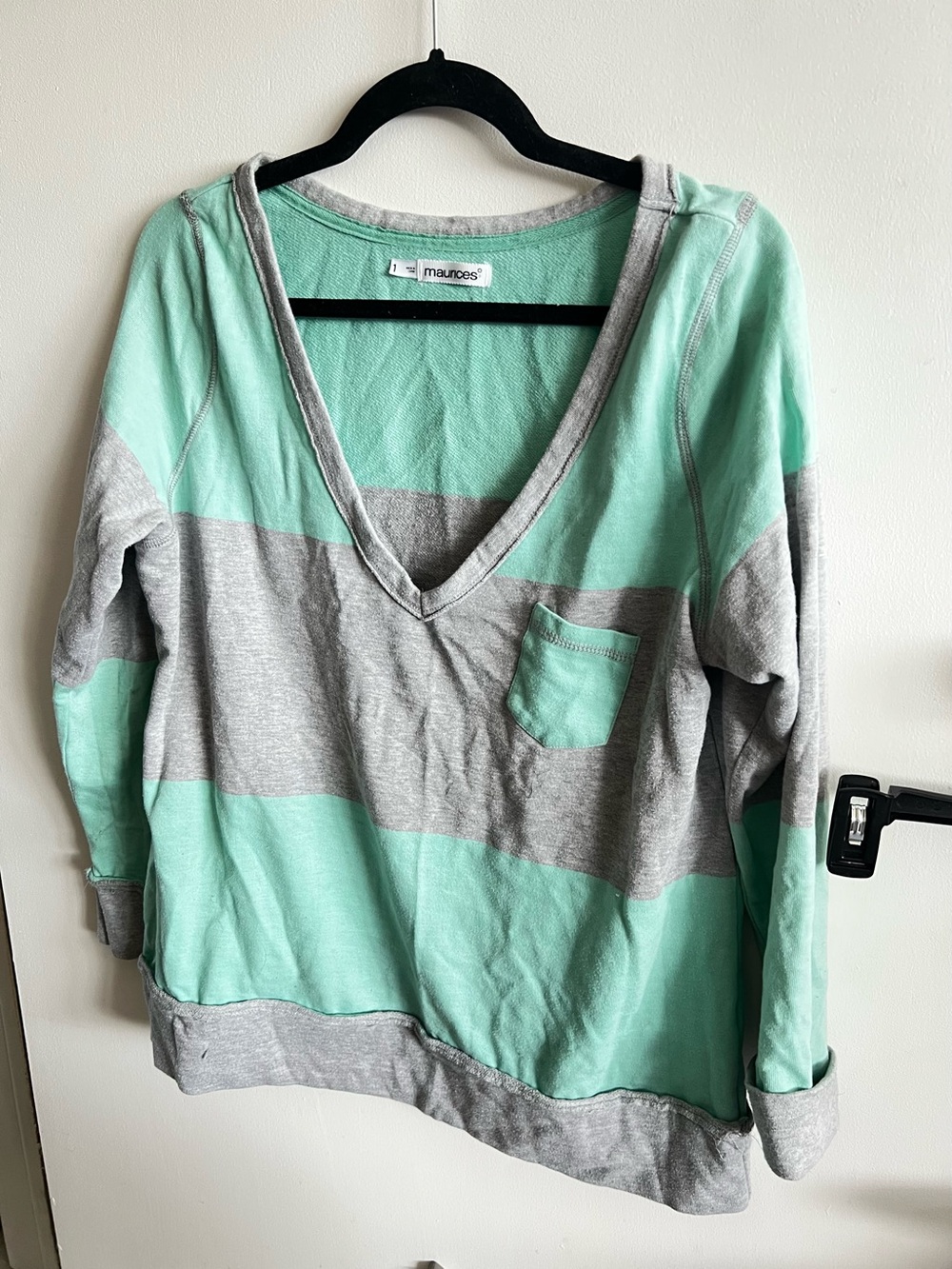 Maurices Mint & Gray Striped V-Neck Pullover Sweatshirt